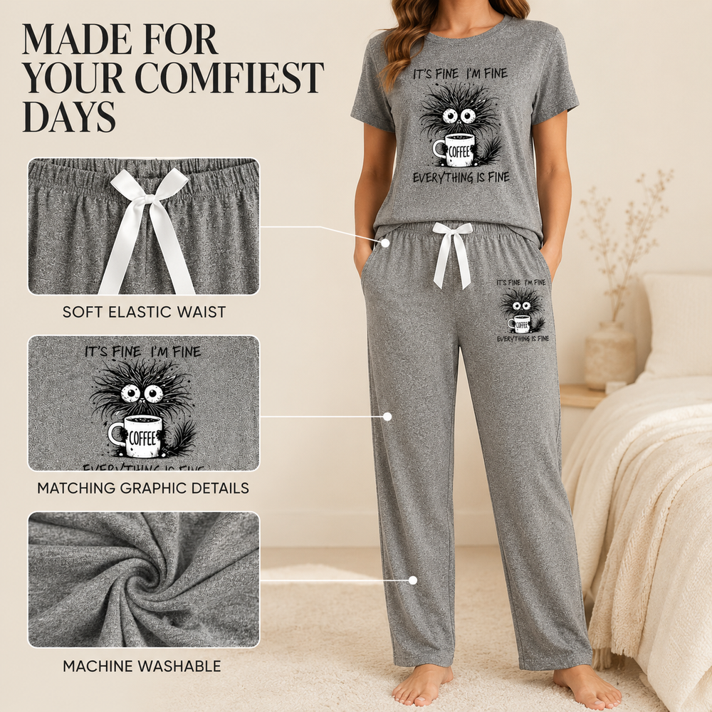 3-Piece Coffee Cat Pajama Set – Short Sleeve Top, Shorts & Pants