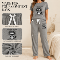 3-Piece Coffee Cat Pajama Set – Short Sleeve Top, Shorts & Pants