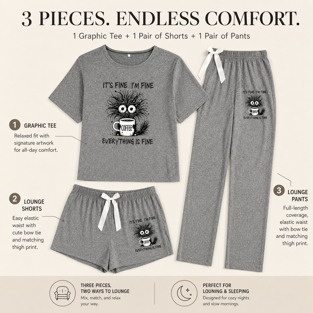 3-Piece Coffee Cat Pajama Set – Short Sleeve Top, Shorts & Pants