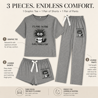 3-Piece Coffee Cat Pajama Set – Short Sleeve Top, Shorts & Pants