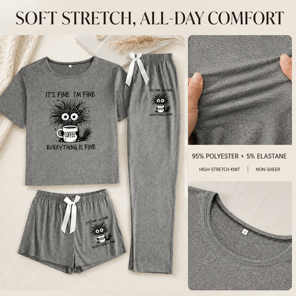 3-Piece Coffee Cat Pajama Set – Short Sleeve Top, Shorts & Pants
