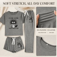 3-Piece Coffee Cat Pajama Set – Short Sleeve Top, Shorts & Pants