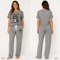 3-Piece Coffee Cat Pajama Set – Short Sleeve Top, Shorts & Pants