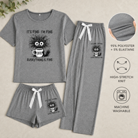 3-Piece Coffee Cat Pajama Set – Short Sleeve Top, Shorts & Pants