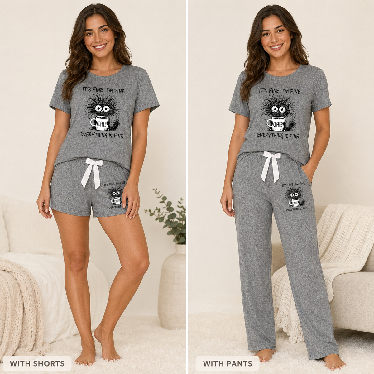 3-Piece Coffee Cat Pajama Set – Short Sleeve Top, Shorts & Pants