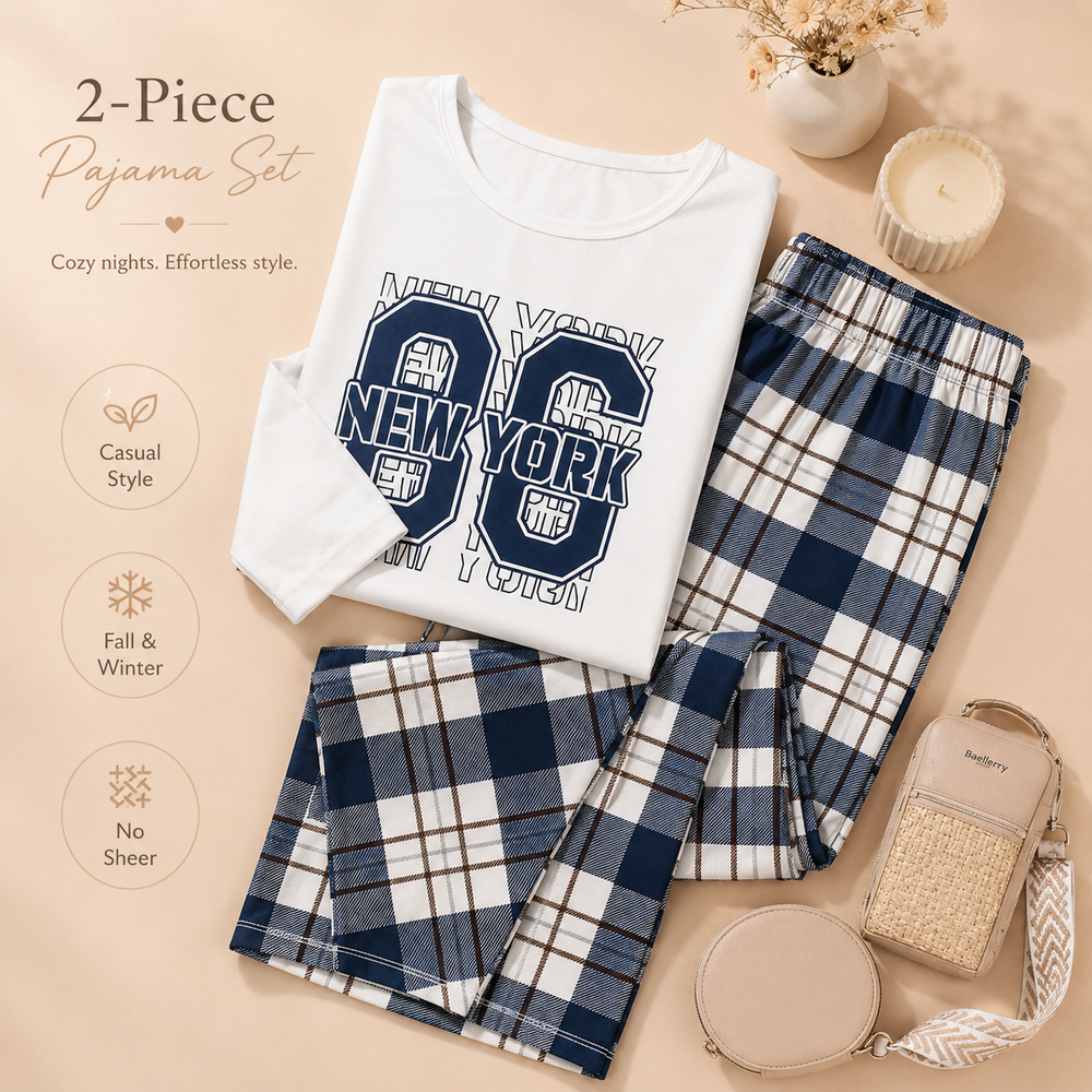 Digital 86 Print Top and Plaid Pants Pajama Set