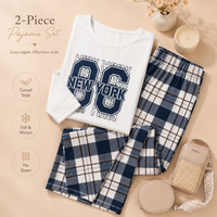 Digital 86 Print Top and Plaid Pants Pajama Set