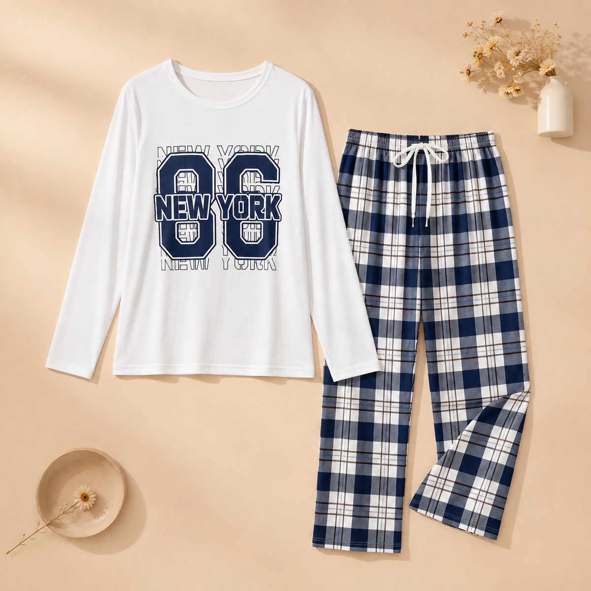 Digital 86 Print Top and Plaid Pants Pajama Set