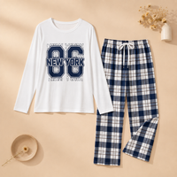 Digital 86 Print Top and Plaid Pants Pajama Set