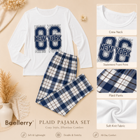 Digital 86 Print Top and Plaid Pants Pajama Set