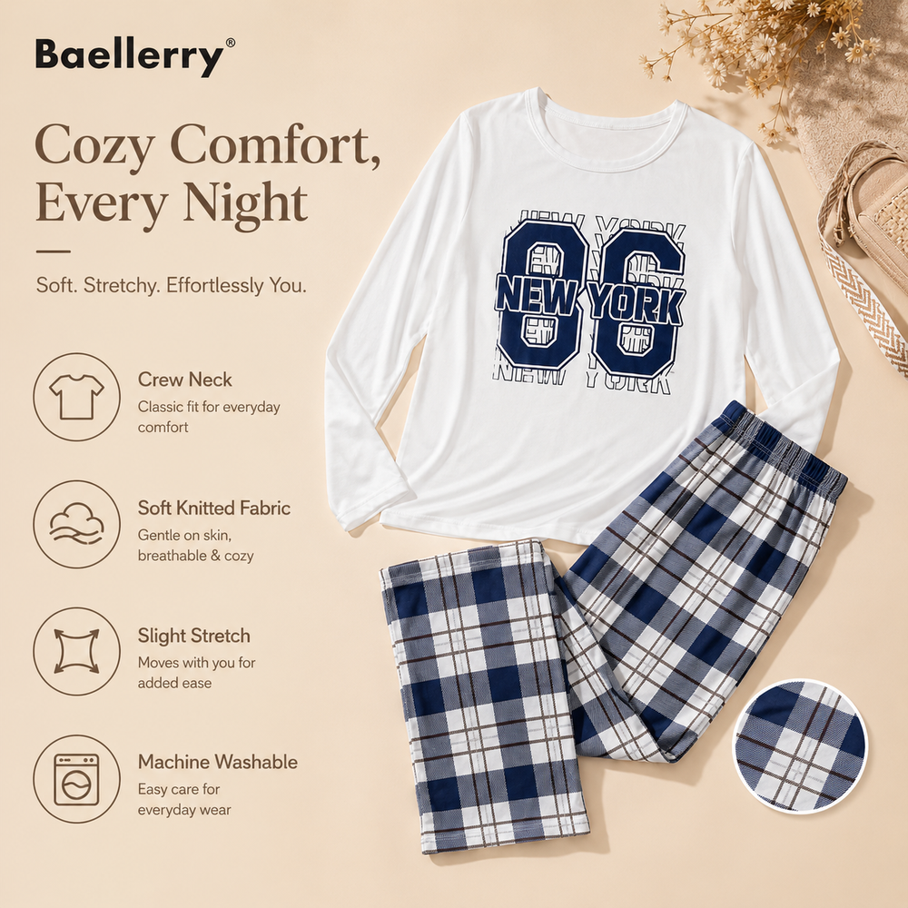 Digital 86 Print Top and Plaid Pants Pajama Set