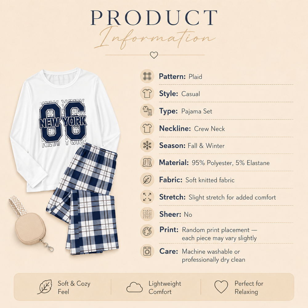 Digital 86 Print Top and Plaid Pants Pajama Set