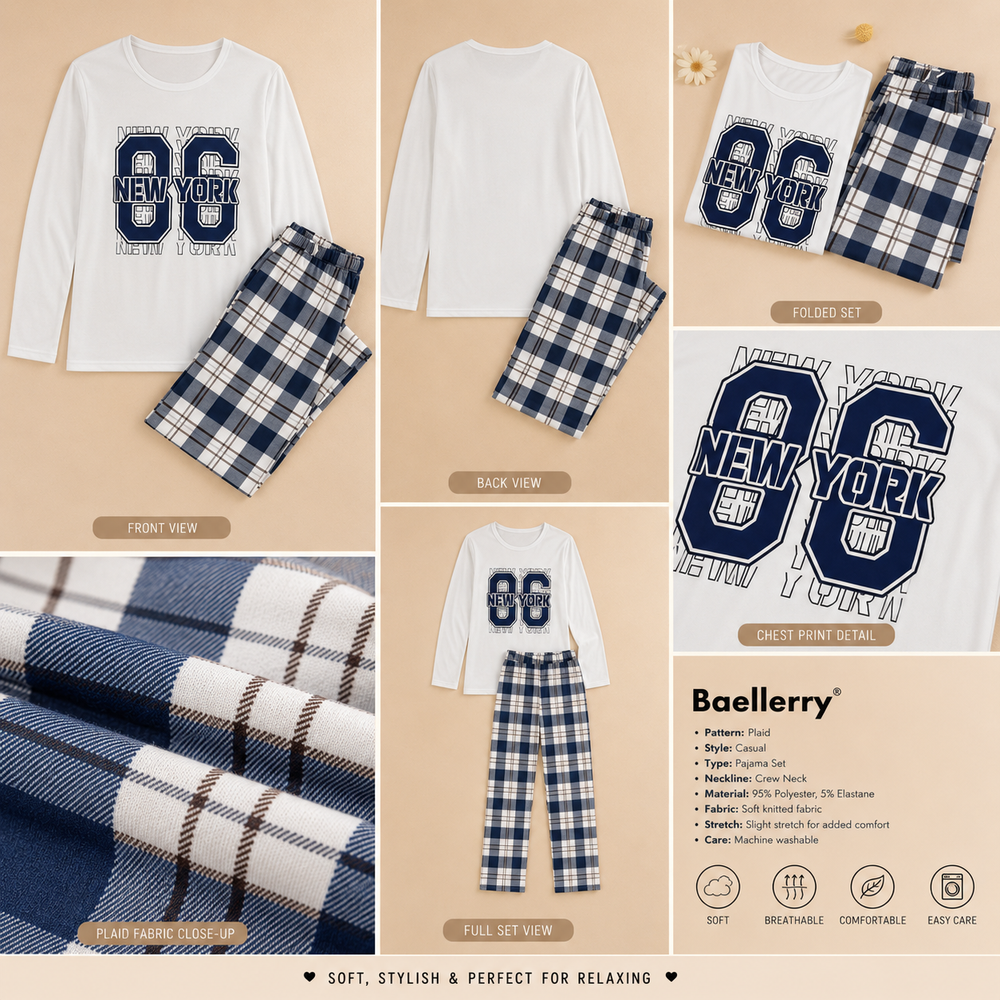 Digital 86 Print Top and Plaid Pants Pajama Set