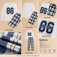 Digital 86 Print Top and Plaid Pants Pajama Set