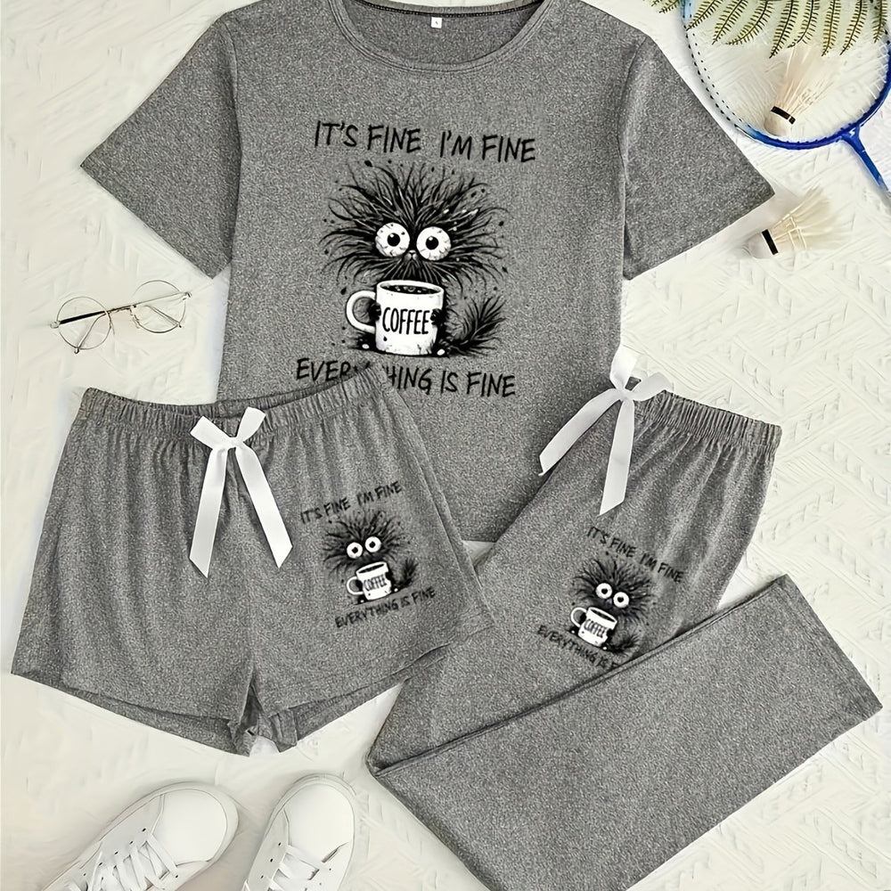 3-Piece Coffee Cat Pajama Set – Short Sleeve Top, Shorts & Pants