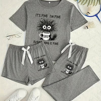 3-Piece Coffee Cat Pajama Set – Short Sleeve Top, Shorts & Pants